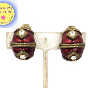 Vintage 1980s Signed Yosca Red Enamel Clear Rhinestone Half Hoop Clip Earrings